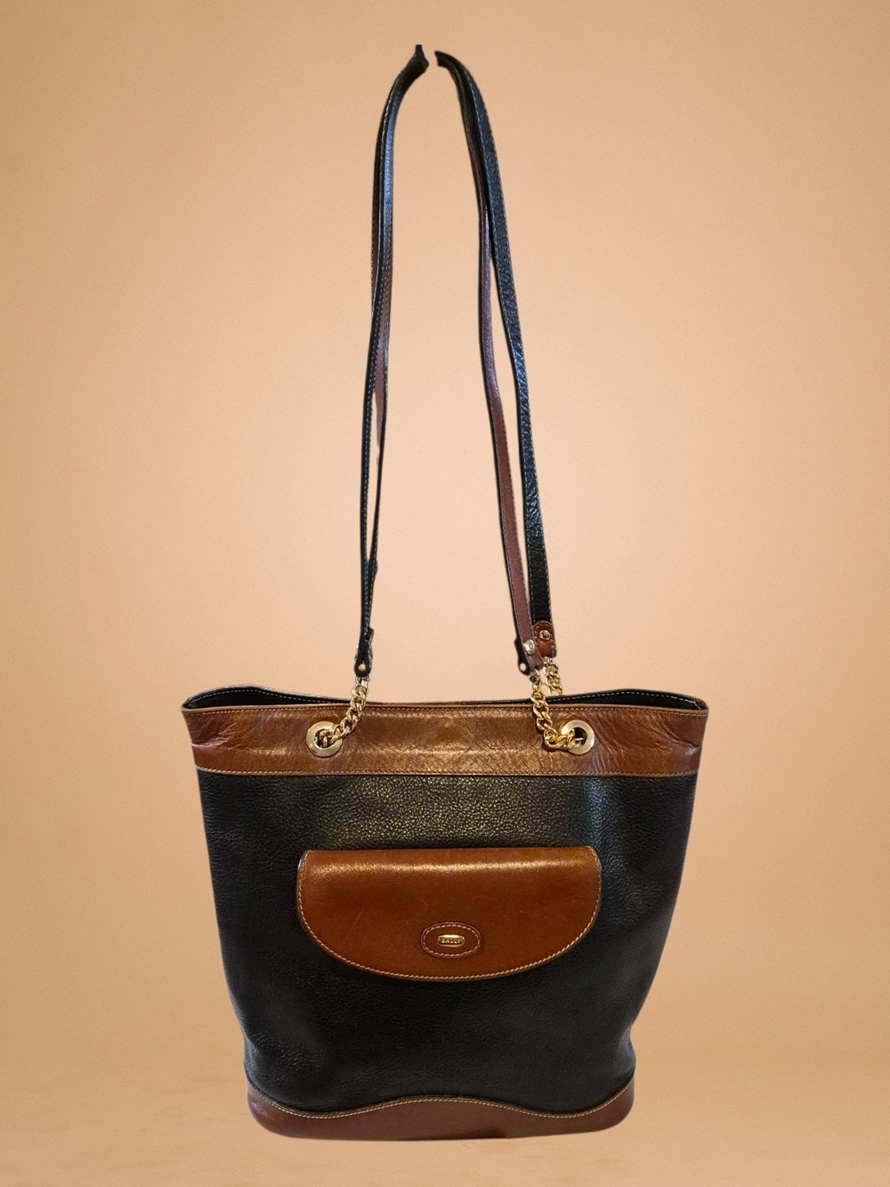 Vintage Bally Black and Brown Leather Shoulder Tote with Gold Hardware